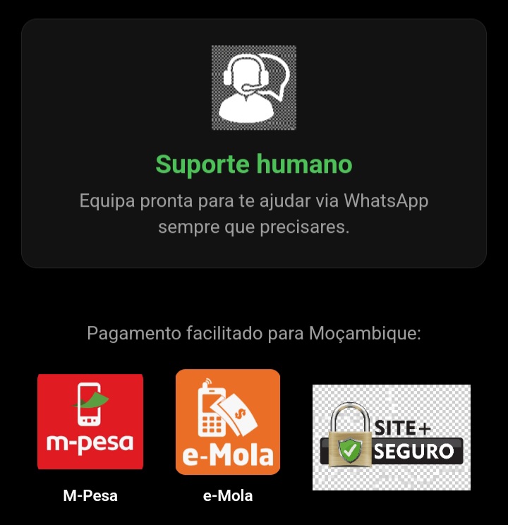 Formas de pagamento: M-Pesa e e-Mola — site seguro